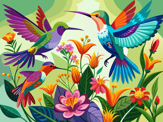 Naklejka premium vector of beautiful vibrant colored humming birds flying and loving on a flower nectar