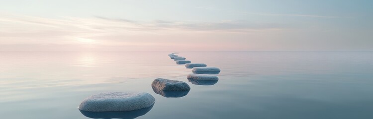 Serene stepping stones leading across calm, reflective water at sunrise.
