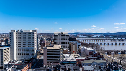 Harrisburg, PA, USA - March 9, 2025:  Winter afternoon aerial photo over downtown Harrisburg, PA.
