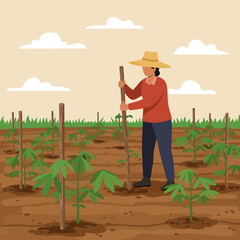Farmer Working in Field with Young Plants and Wooden Stakes