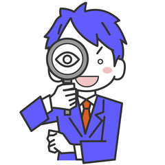 虫眼鏡を覗き込む男性社員・ビジネスマン