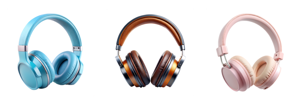 Wireless headphones in different colors on a transparent background, PNG File