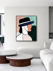 Modern living room with abstract portrait, white sofa, and circular coffee tables