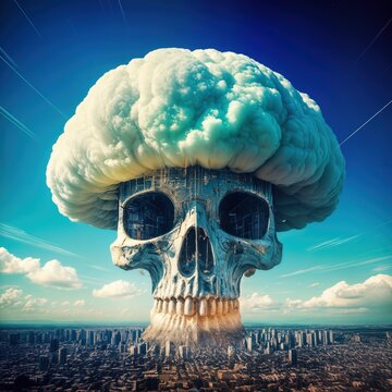 Surrealer Totenkopf mit Atompilz &uuml;ber Stadt, postapokalyptische Szenerie