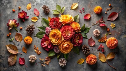 Autumn Floral Flat Lay: Roses, Hydrangeas & Dry Leaves on Gray Background - Perfect for Seasonal Decor & Invitations
