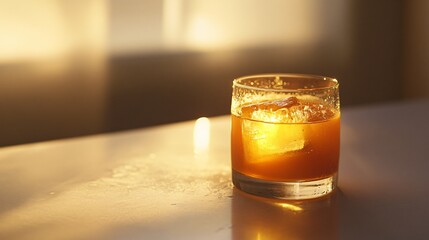 A glass of Old Fashioned cocktail with ice sits on a bar top, bathed in golden light. Evokes warmth, relaxation, and the sophisticated taste.