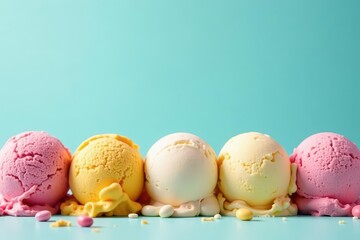 Perfectly aligned scoops of various ice cream flavors in a row, aligned, cone, sweet