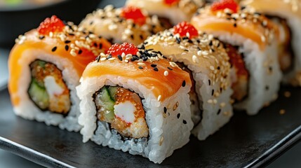 Fresh sushi rolls, beautifully arranged on a dark plate.  Salmon, crab, and ikura toppings are visible, with a generous amount of sesame seeds