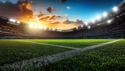 Vibrant stadium at sunset with lush green soccer field.