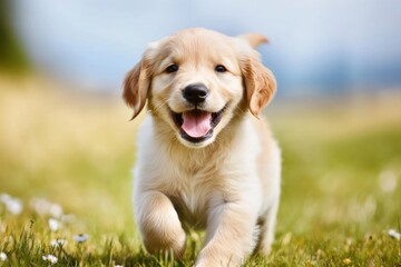 Young golden retriever puppy running outdoors in a grassy field with wildflowers