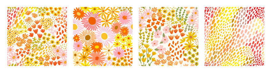 Set of seamless ditsy patterns with various wild meadow flowers. Сolourful cute floral summer backgrounds. Lovely design for wrapping, textile, cover, print, banner, greeting card, label, wallpaper. 