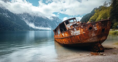 Rusty shipwreck on a serene lake surrounded by mountains under a cloudy sky.