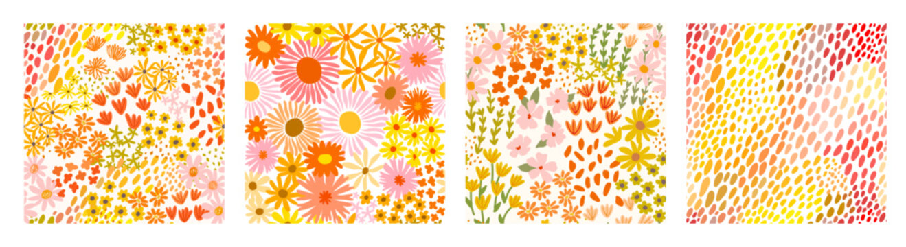 Set of seamless ditsy patterns with various wild meadow flowers. Сolourful cute floral summer backgrounds. Lovely design for wrapping, textile, cover, print, banner, greeting card, label, wallpaper.	

