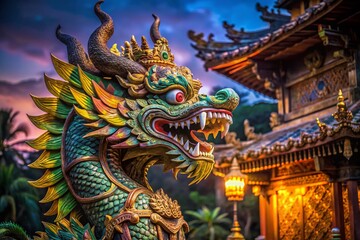 Fototapeta premium Balinese Dragon Statue at Night: Traditional Temple Decor, Illuminated Stone Carving