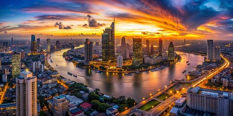Bangkok Sunset Aerial: City Lights & Golden Hour Panorama