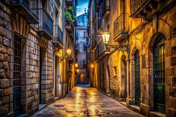 Fototapeta premium Barcelona Gothic Quarter Night Street Photography: Narrow Passages & Tall Buildings