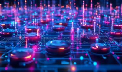 Abstract digital circuit board with glowing components