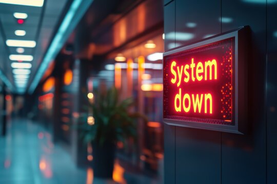 Notice of system downtime displayed in a modern hallway with ambient lighting