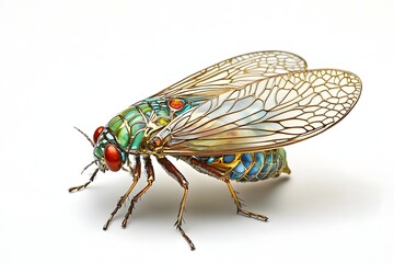 Close-Up of a Colorful Cicada with Intricate Wings Showing Vibrant Green and Blue Patterns