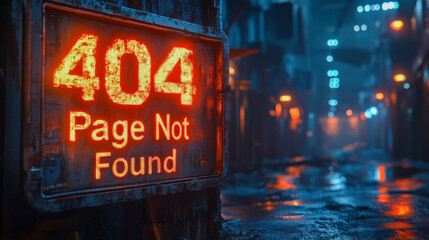 Digital error display in a dark alley at night with neon lights and wet pavement creates a moody atmosphere