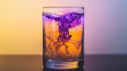 Cinematic slow motion of two colorful liquids mixing. A swirling vortex of violet and orange creates a magical, abstract background of elegant fluid art.

