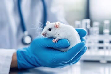 Laboratory technician conducts research with white lab rat in scientific setting