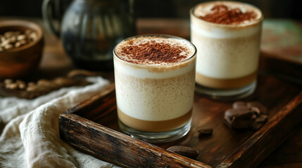 A frothy soy milk cappuccino with cocoa powder dusted on top, served on a wooden tray