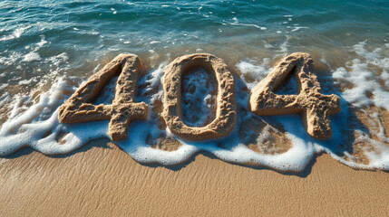Numbers carved in sand on a sunny beach shoreline as gentle waves lap at the digits during a peaceful day