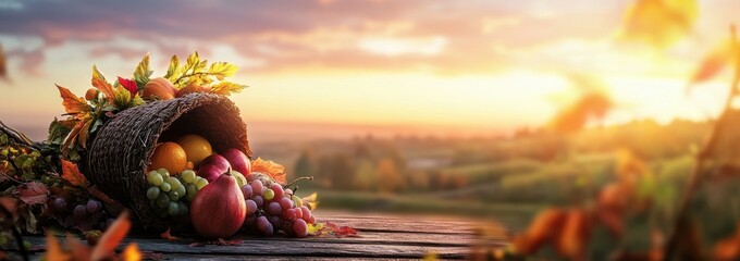 Cornucopia filled with fruits and autumn leaves under a vibrant sunset sky.