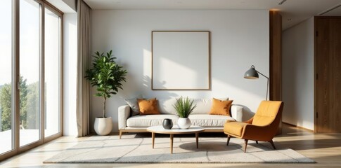 Obraz premium Minimalist living room with sleek furniture and geometric rug, cozy, contemporary