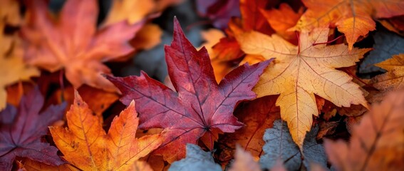 Vibrant fallen autumn leaves in shades of red, orange, and yellow.