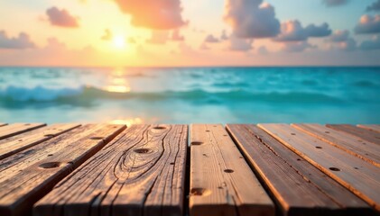 Fototapeta premium Rustic wood tabletop, blurred ocean, vibrant sky, bright, coastal