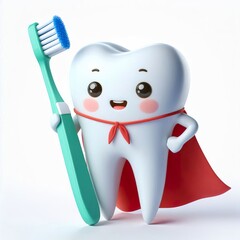 3d cute and strong tooth in superhero cape holding toothbrush and toothpaste, dental care concept for kids on a white background