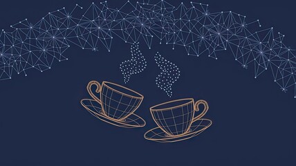 Coffee cup. Tea cup. Vector polygonal image in the form of a starry sky or space, consisting of points, lines, and shapes in the form of stars with destruct shapes 