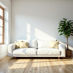 Minimalist white sofa in a bright scandinavian living room with wooden accents, bright, interior design