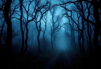 Obraz premium Spooky forest path at twilight, gnarled trees, fog, Halloween, gothic, path