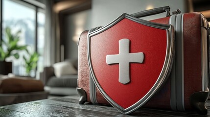 Travel insurance concept suitcase with shield.