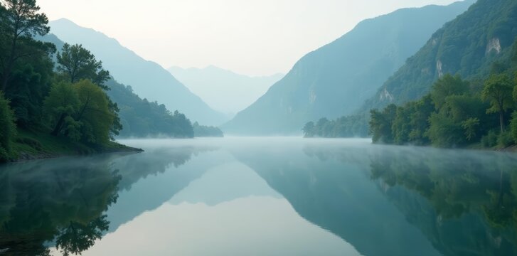 Misty morning view of a tranquil lake surrounded by lush hills, mist, serene