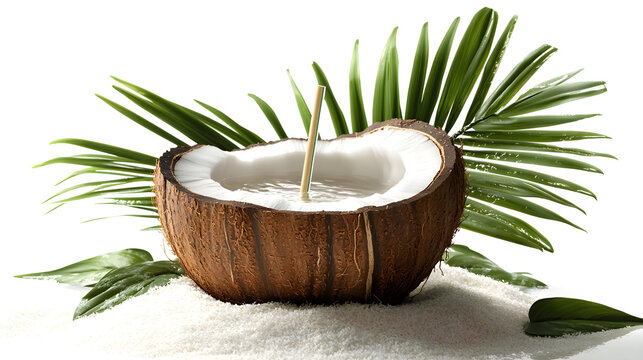 Tropical Bliss: Refreshing Coconut Water in Carved Shell Amidst Sunlit Beach