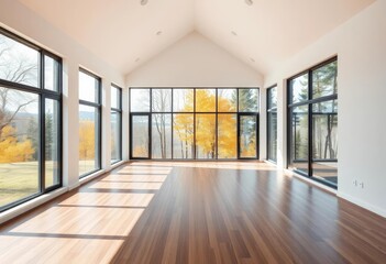Obraz premium Modern empty house interior, white walls, wooden floors, large windows, nature view, clean, apartment