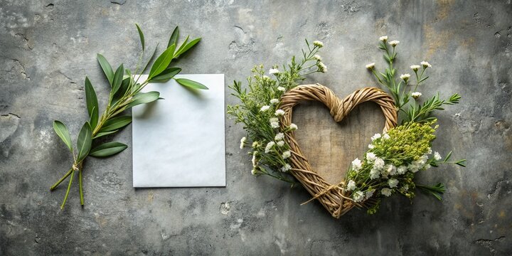 Blank Greeting Card Mockup: Olives, Gypsophila, Heart on Grunge Gray