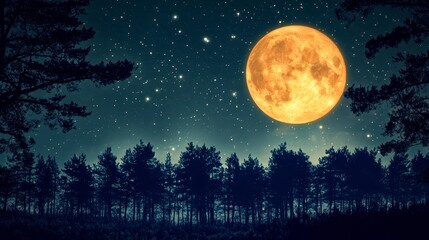 Majestic Full Moon Over Silhouetted Forest at Night