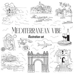 line mediterranean vibe vector illustration set, spanish summer vacation art. Vector illustration