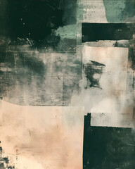 a grungy printed background in risograph and paper collage art with clean center space for instagram post in sepia green and black colors