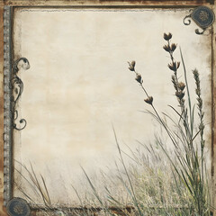 vintage brown scrapbook pages with wild prairie grass growing up along the edge of the page with a vintage pioneer border around the page