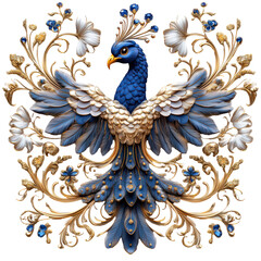 Fototapeta premium Elegant decorative peacock in blue and gold with floral ornamental elements