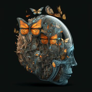 Monarch Butterflies Around Glass Steampunk Skull