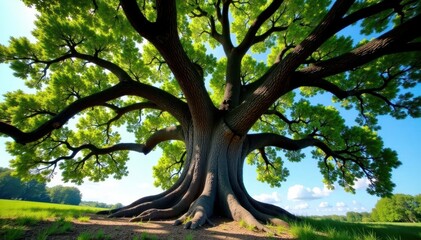 Ancient oak, gnarled branches reaching skyward, image, giant