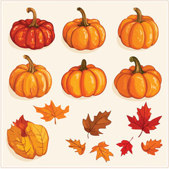 Vibrant Autumn Scene with Orange Pumpkins and Leaves on Beige Background