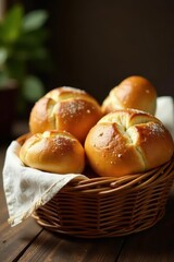 Golden crusty bread and rolls in rustic wicker basket , country, breakfast